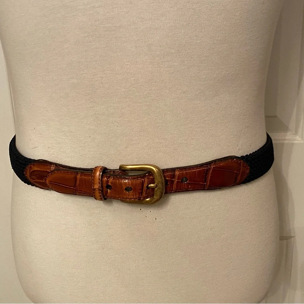 BRIGHTON MENS BELT NAVY BLUE BRAIDED CORD BROWN CROC LOOK LEATHER SIZE 36 USA